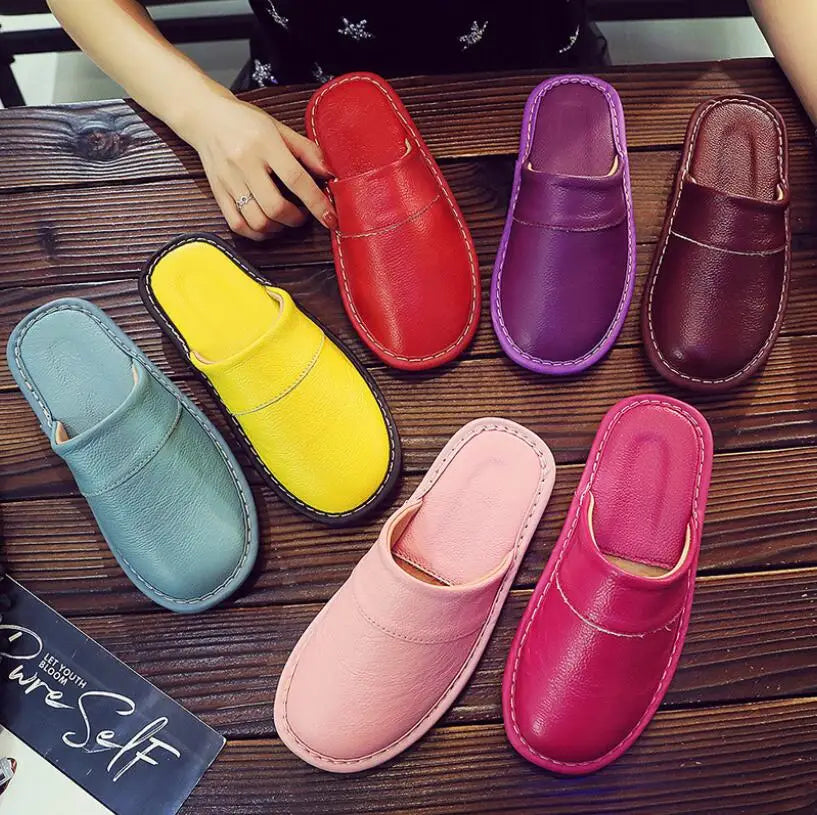 Men's Women's Leather Slippers Spring Autumn Indoor Brown
