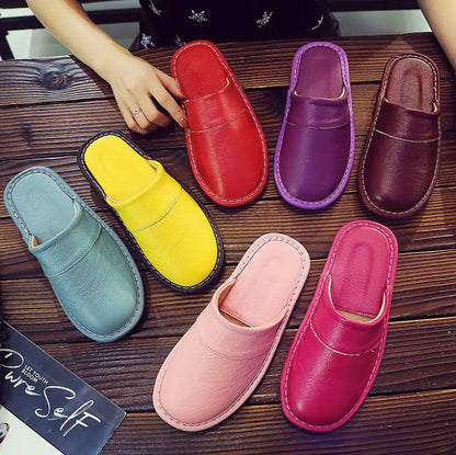 Men's Women's Leather Slippers Spring Autumn Indoor Brown