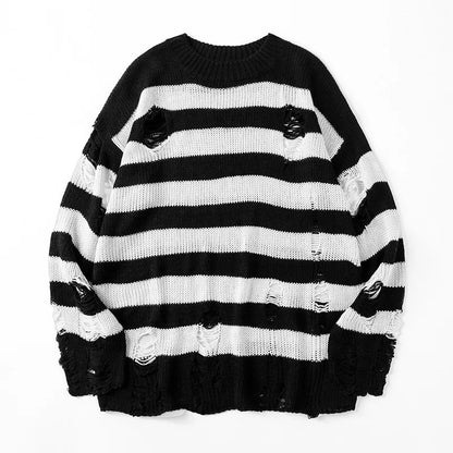 Men's Black Stripe Ripped Sweater Oversized Harajuku Pullover