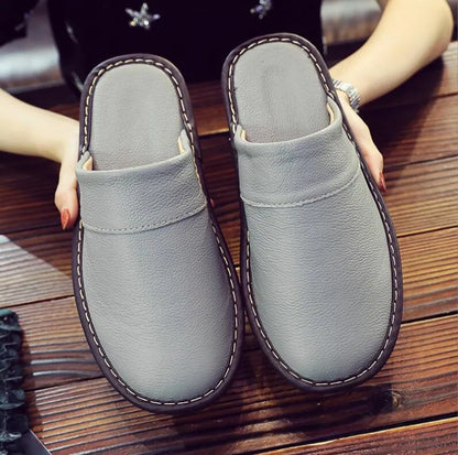 Men's Women's Leather Slippers Spring Autumn Indoor Brown
