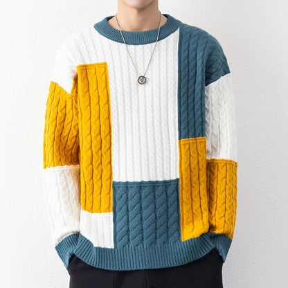 Men's Patchwork Sweater Loose Fit Knit Pullover Spring Winter