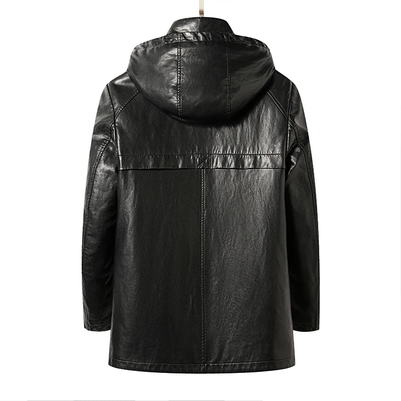 Men's Hooded Leather Down Jacket Detachable Duck Down Liner