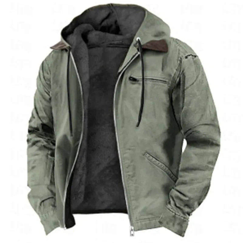 Men's Fleece Jacket Hooded Zipper Pocket Winter Warm