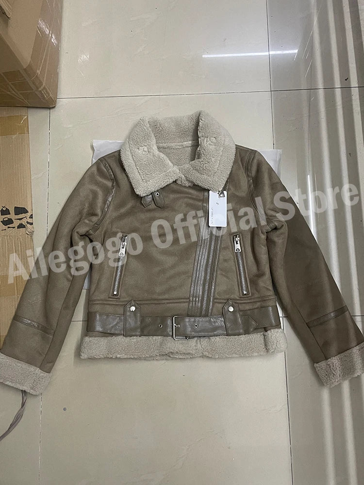 Women's Faux Shearling Jacket Thick Warm Motorcycle Brown