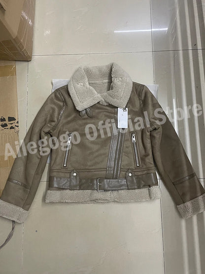Women's Faux Shearling Jacket Thick Warm Motorcycle Brown