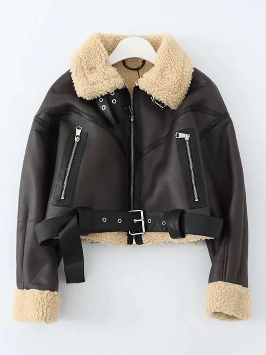 Women's Faux Lamb Jacket Streetwear Belt Thick Warm