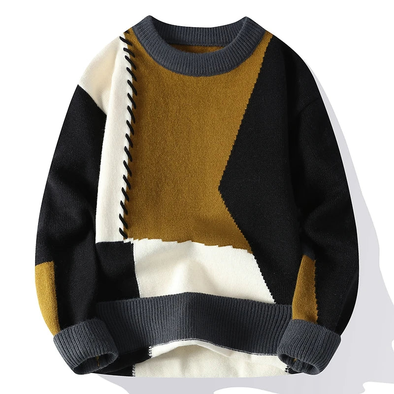 Men's Warm Knitted Sweater Patchwork O-Neck Pullover Winter