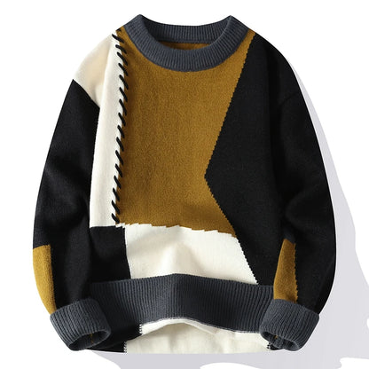 Men's Warm Knitted Sweater Patchwork O-Neck Pullover Winter