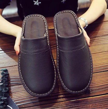 Men's Women's Leather Slippers Spring Autumn Indoor Brown