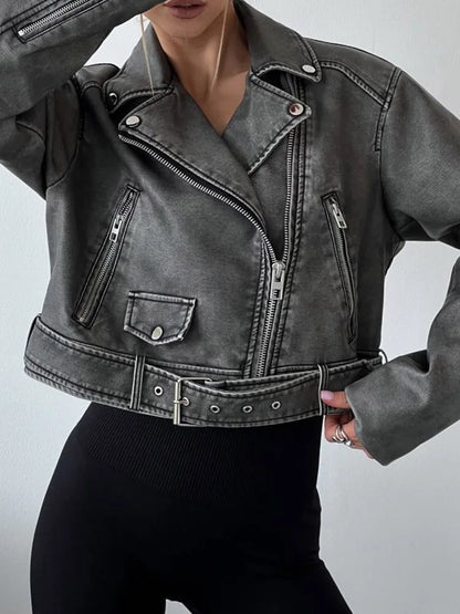Women's Retro PU Leather Jacket Loose Fit Zipper Belt