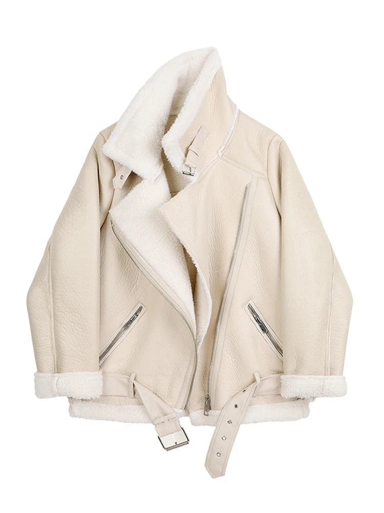Women's Faux Leather Fur Jacket Thick Aviator Winter