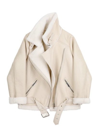 Women's Faux Leather Fur Jacket Thick Aviator Winter