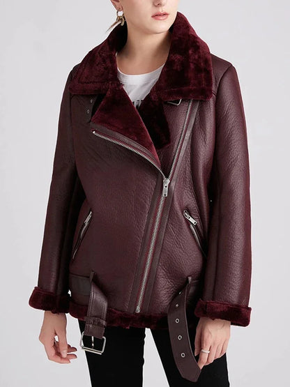 Women's Thick Faux Leather Fur Coat Spliced Aviator Winter