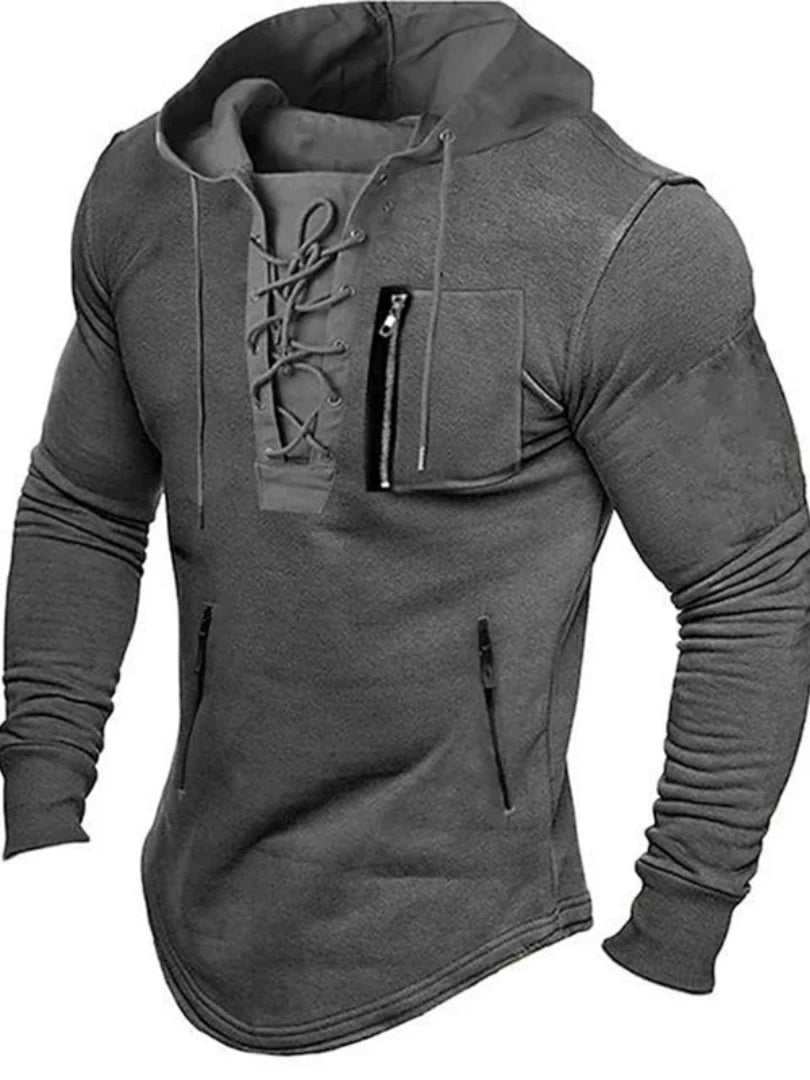 Men's Mid-Length Hoodie Lace-Up Pullover Zipper Pockets