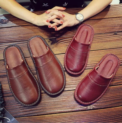 Men's Women's Leather Slippers Spring Autumn Indoor Brown