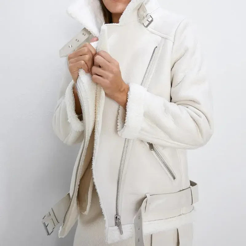 Women's Thick Faux Leather Fur Coat Spliced Aviator Winter