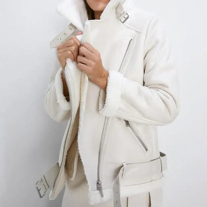 Women's Thick Faux Leather Fur Coat Spliced Aviator Winter