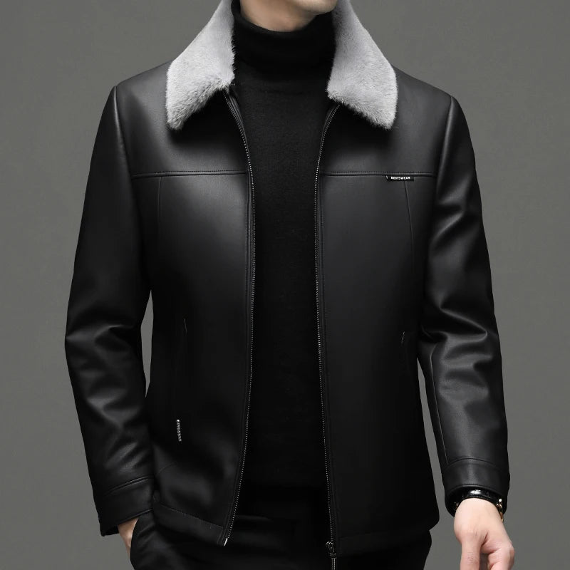Men's Sheepskin Leather Jacket Removable Fur Collar Winter