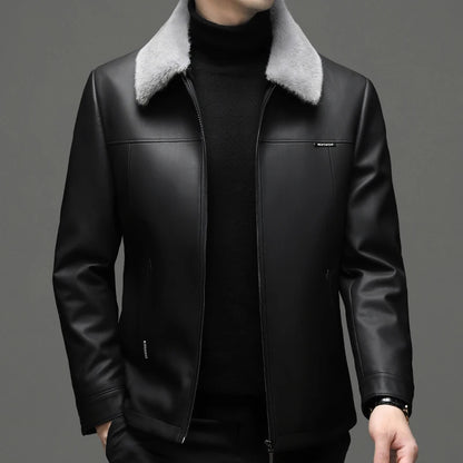 Men's Sheepskin Leather Jacket Removable Fur Collar Winter
