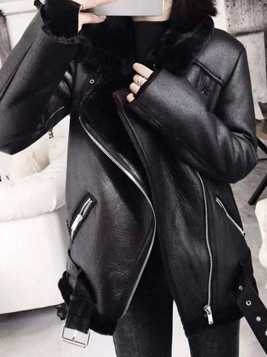 Women's Thick Faux Leather Fur Coat Spliced Aviator Winter