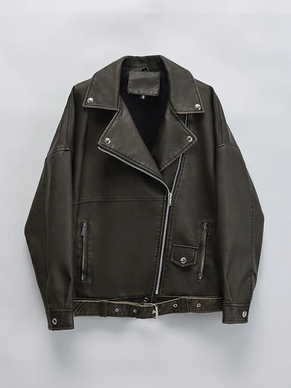 Women's Retro PU Leather Jacket Loose Fit Zipper Belt