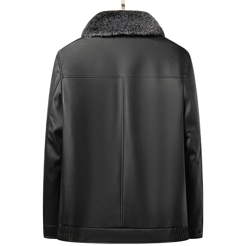 Men's Leather Winter Jacket Ferret Fur Collar Duck Down