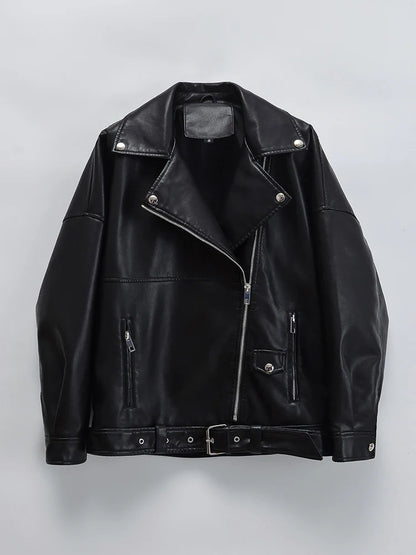 Women's Retro PU Leather Jacket Loose Fit Zipper Belt