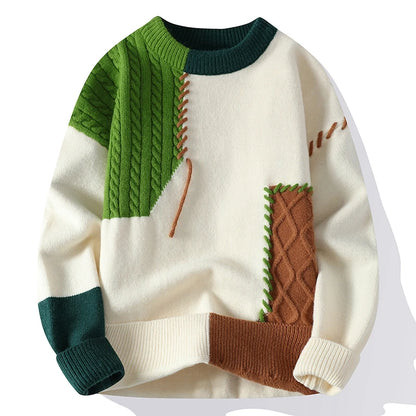 Men's Warm Knitted Sweater Patchwork O-Neck Pullover Winter