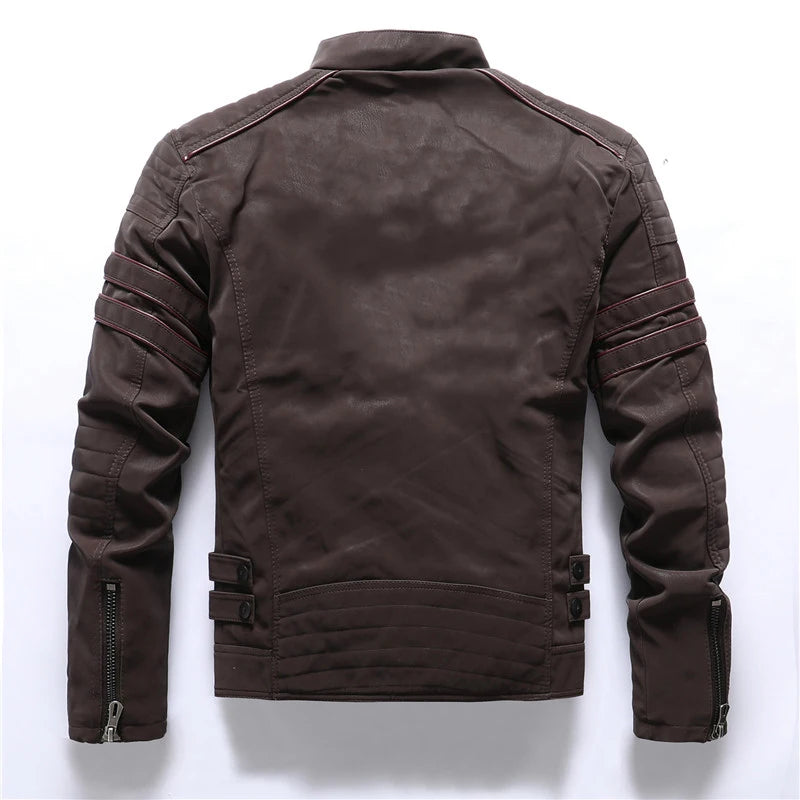 Men's PU Leather Jacket Vintage Fleece Warm Multi-Pocket