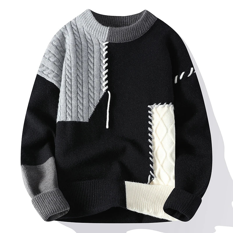 Men's Warm Knitted Sweater Patchwork O-Neck Pullover Winter