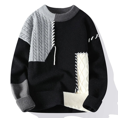 Men's Warm Knitted Sweater Patchwork O-Neck Pullover Winter