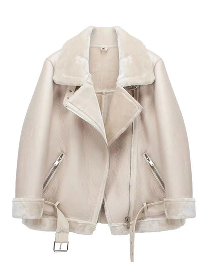 Women's Faux Leather Fur Jacket Thick Aviator Winter