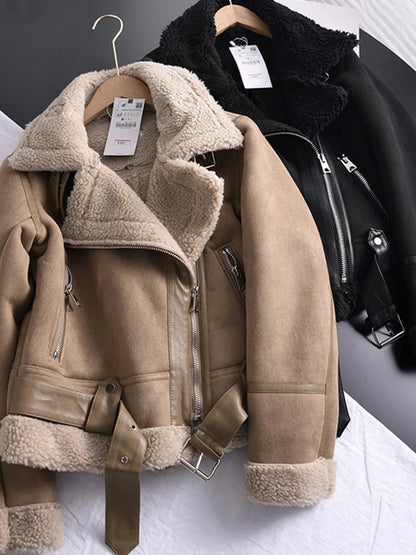 Women's Suede Lamb Jacket Thick Warm Motorcycle