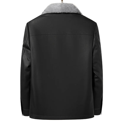 Men's Sheepskin Leather Jacket Removable Fur Collar Winter