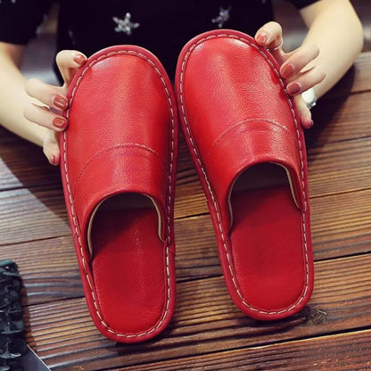 Men's Women's Leather Slippers Spring Autumn Indoor Brown