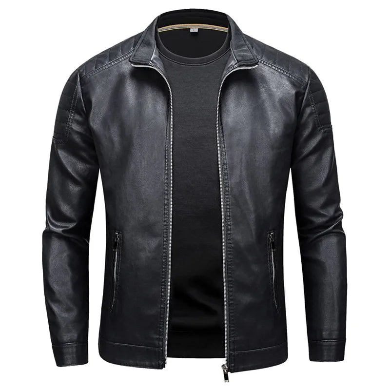 Men's Stand Collar Leather Jacket Slim