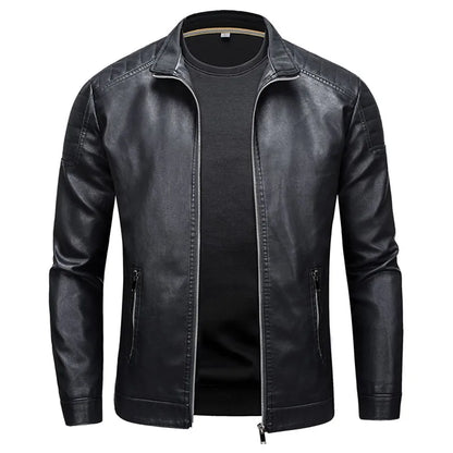 Men's Stand Collar Leather Jacket Slim