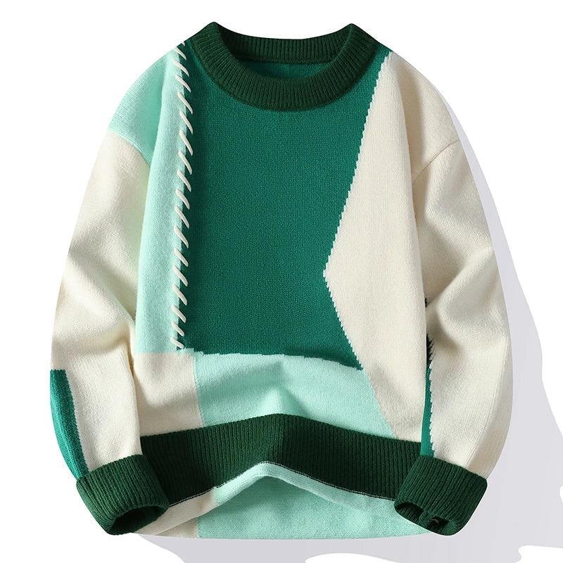 Men's Warm Knitted Sweater Patchwork O-Neck Pullover Winter