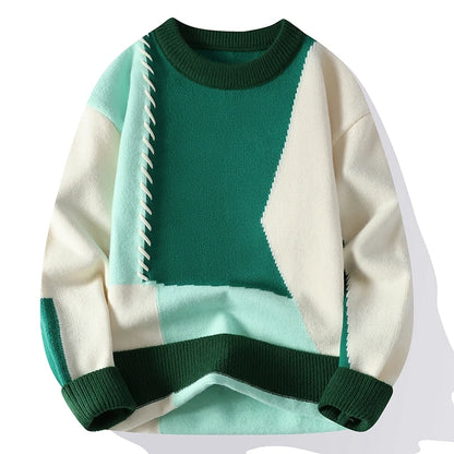 Men's Warm Knitted Sweater Patchwork O-Neck Pullover Winter