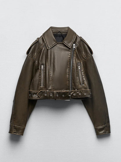 Women's PU Leather Jacket Vintage Loose Belt Streetwear