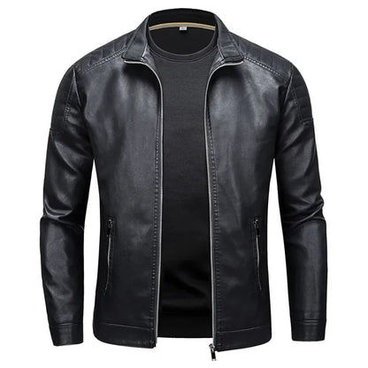Men's Stand Collar Leather Jacket Slim