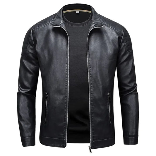Men's Stand Collar Leather Jacket Slim