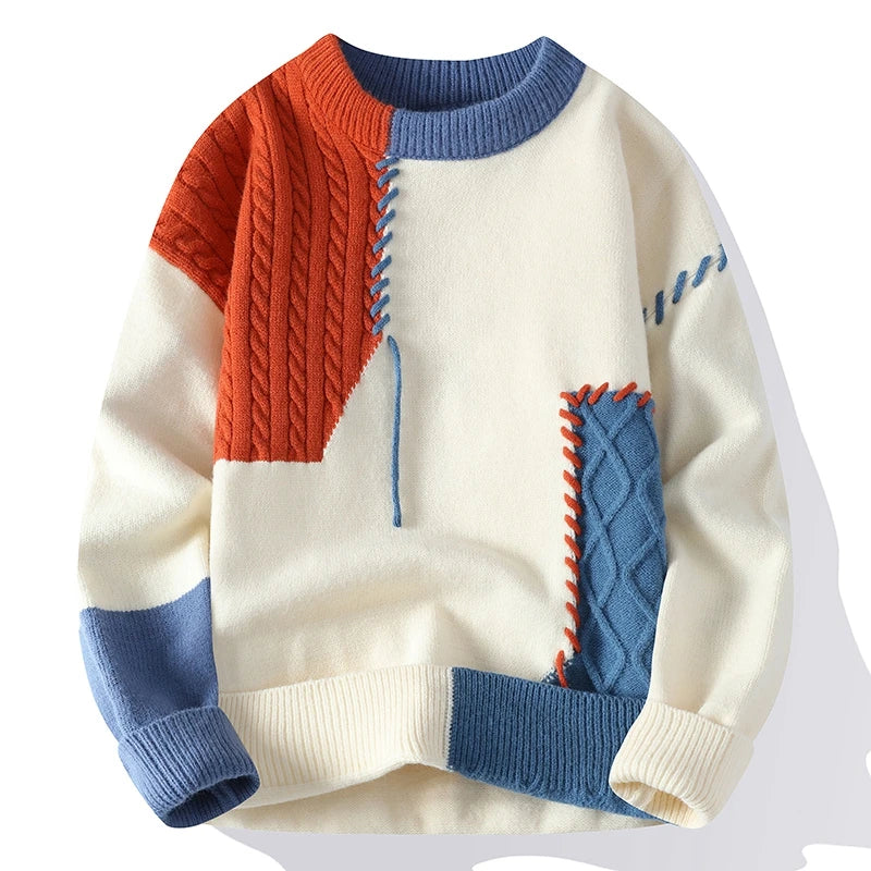 Men's Warm Knitted Sweater Patchwork O-Neck Pullover Winter