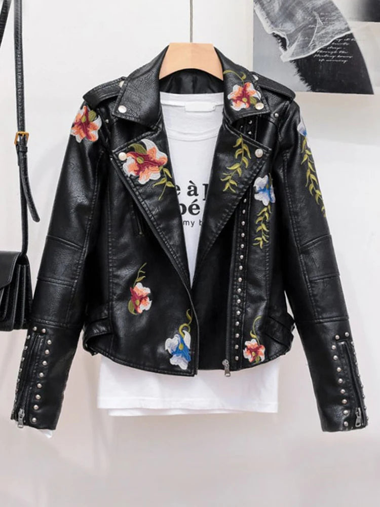 Women's Floral PU Leather Jacket Embroidery