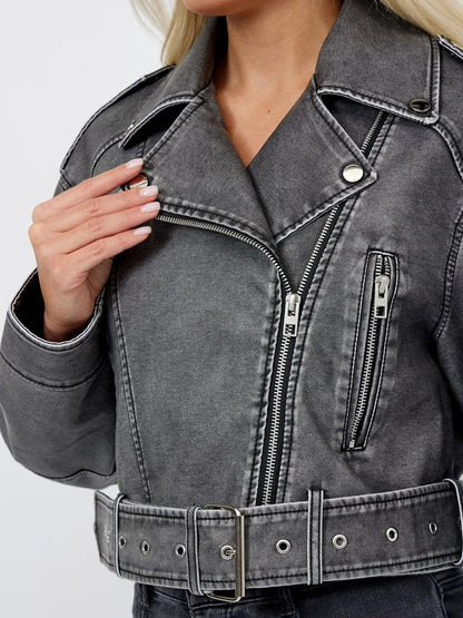 Women's Retro Faux Leather Jacket Loose Fit Zipper Belt