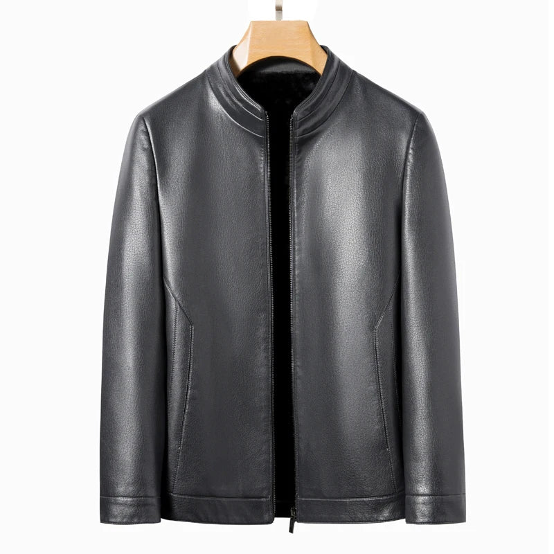 Men's Leather Polo Jacket Mock Neck Slim Fit Black Grey