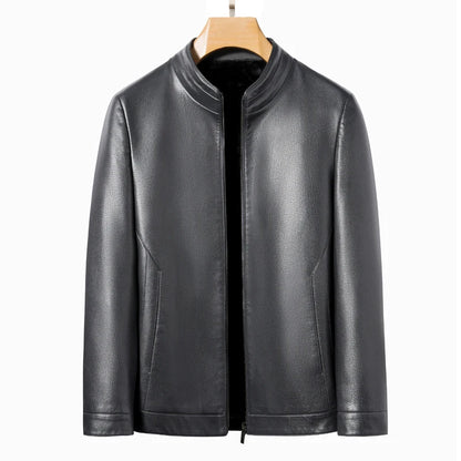 Men's Leather Polo Jacket Mock Neck Slim Fit Black Grey