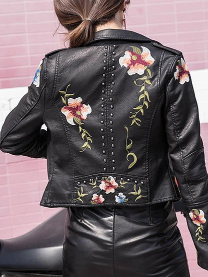 Women's Floral PU Leather Jacket Embroidery