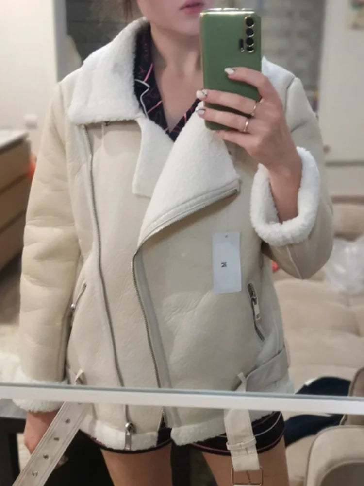 Women's Faux Leather Fur Jacket Thick Aviator Winter