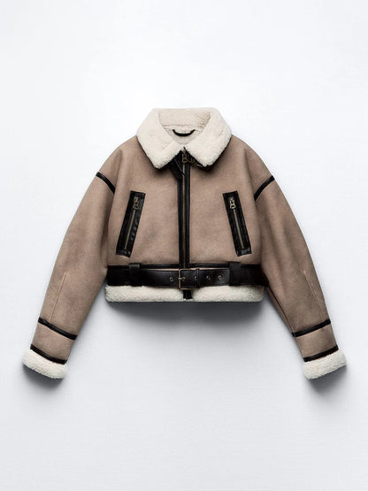Women's Retro Faux Leather Jacket Spliced Fur Zipper Belt